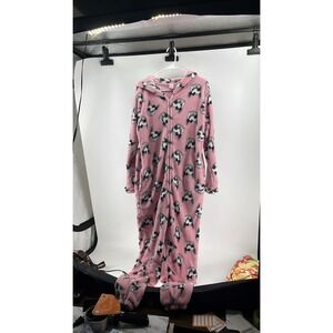 Women Pink French Bulldog Hooded Fleece Pajama Union Suit Sz M